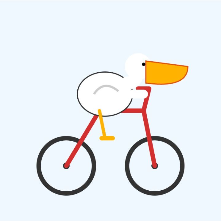 Minimalist illustration: A stylized white bird with a large, wedge-shaped orange beak and a single black dot for an eye rides a red bicycle with black wheels and a yellow pedal against a solid light blue background.