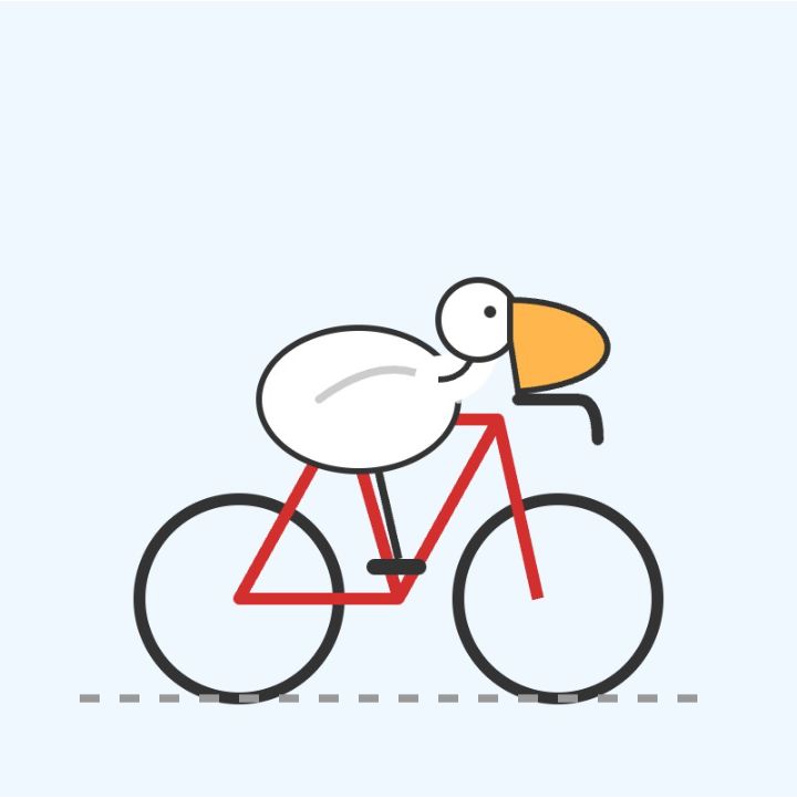 A minimalist illustration of a stylized white bird with a large yellow beak riding a red road bicycle in a racing position on a light blue background.
