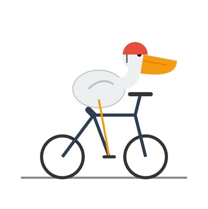 A minimalist vector illustration of a stylized white bird with a long orange beak and a red cap riding a dark blue bicycle on a single grey ground line against a plain white background.