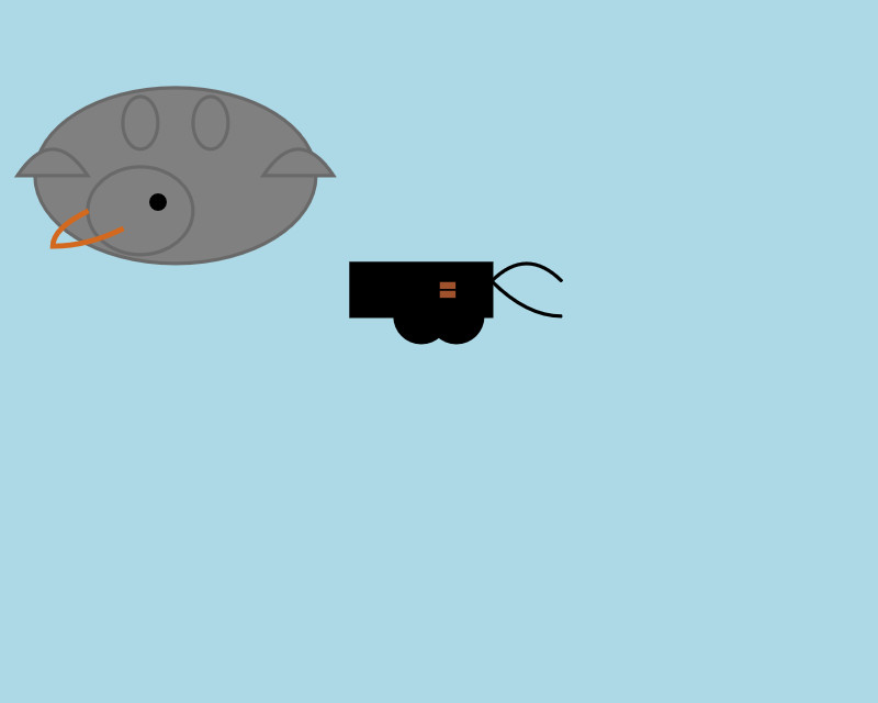 The pelican looks a bit like a grey pig. It is floating above a bicycle that looks more like a rail cart.