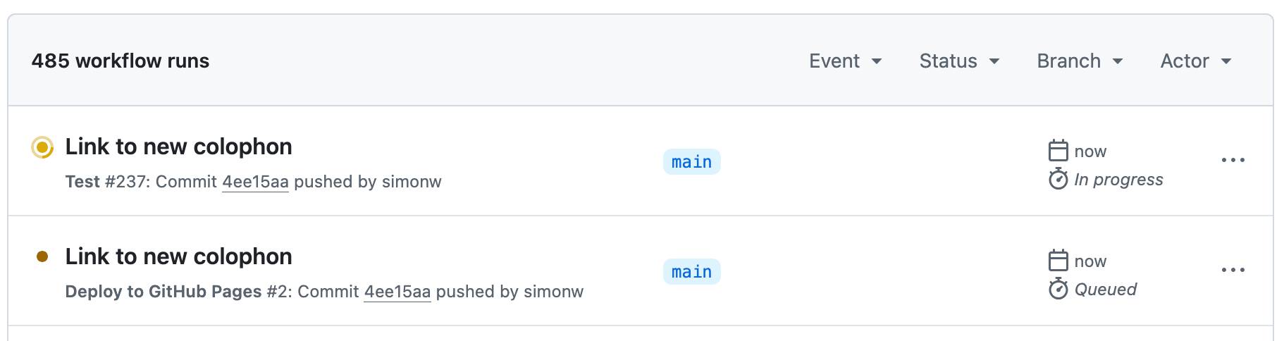 Only two in-progress workflows now, one is the Test one and the other is the Deploy to GitHub Pages one.