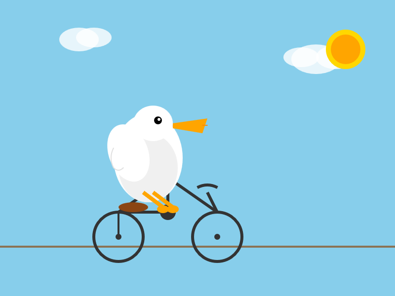 Claude Sonnet 4.5 says: Illustration of a white seagull with an orange beak and yellow feet riding a bicycle against a light blue sky background with white clouds and a yellow sun.