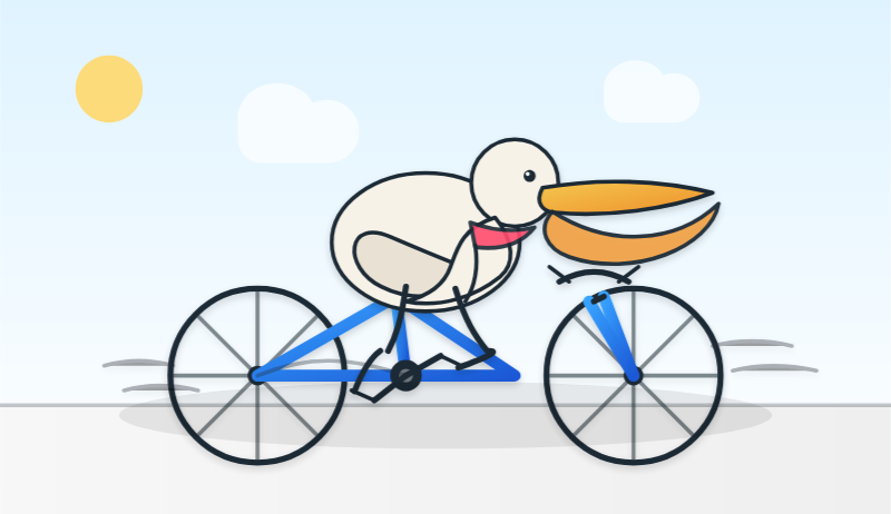 Described by GPT-5.2: Cartoon-style illustration: A white, duck-like bird with a small black eye, oversized orange beak (with a pale blue highlight along the lower edge), and a pink neckerchief rides a blue-framed bicycle in side view; the bike has two large black wheels with gray spokes, a blue front fork, visible black crank/pedal area, and thin black handlebar lines, with gray motion streaks and a soft gray shadow under the bike on a light-gray road; background is a pale blue sky with a simple yellow sun at upper left and two rounded white clouds (one near upper center-left and one near upper right).