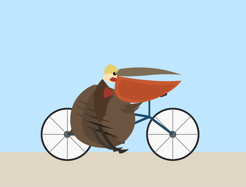 The pelican is very round. Its body overlaps much of the bicycle. It has a lot of dorky charisma.
