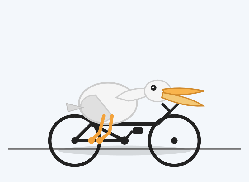 The bicycle wheels have no spokes at all, the pelican is laying quite flat on it