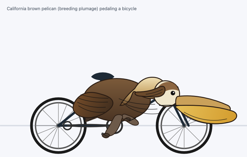 Digital illustration on a light gray/white background with a thin horizontal baseline: a stylized California brown pelican in breeding plumage is drawn side-on, leaning forward and pedaling a bicycle; the pelican has a dark brown body with layered wing lines, a pale cream head with a darker brown cap and neck shading, a small black eye, and an oversized long golden-yellow bill extending far past the front wheel; one brown leg reaches down to a pedal while the other is tucked back; the bike is shown in profile with two large spoked wheels (black tires, white rims), a dark frame, crank and chainring near the rear wheel, a black saddle above the rear, and the front fork aligned under the pelican’s head; text at the top reads "California brown pelican (breeding plumage) pedaling a bicycle".
