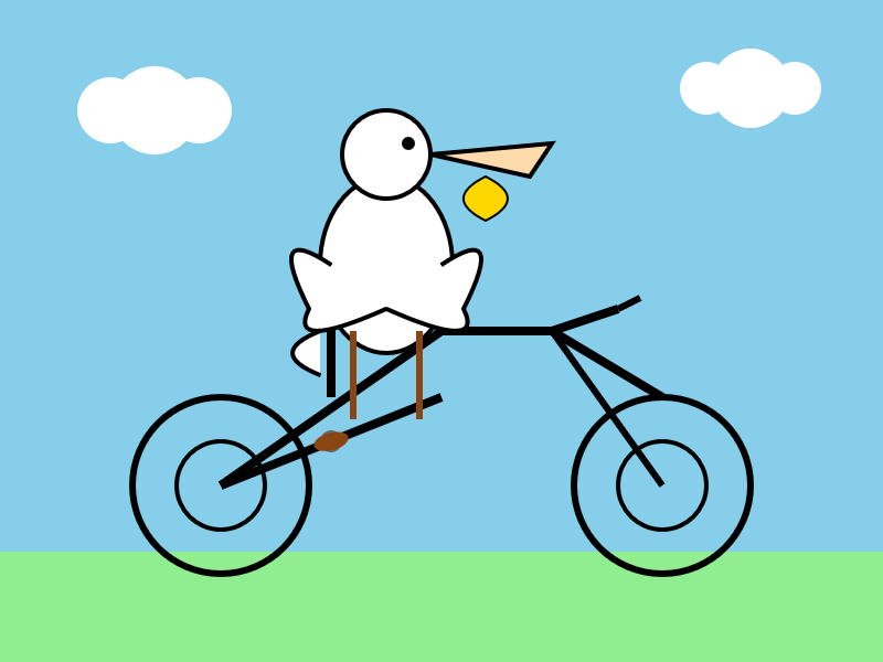 Described by Grok 4 Fast: A simple line drawing of a white pelican with a yellow beak holding a yellow object, riding a black bicycle on green grass under a blue sky with white clouds.