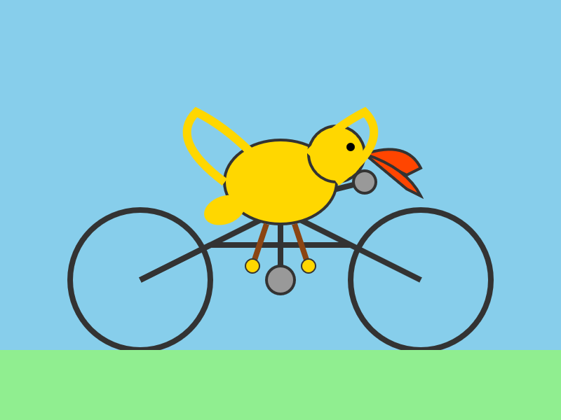 Described by Grok 4 Fast: A simple digital illustration of a yellow duck with outstretched wings riding a black bicycle on green grass under a blue sky, no text.