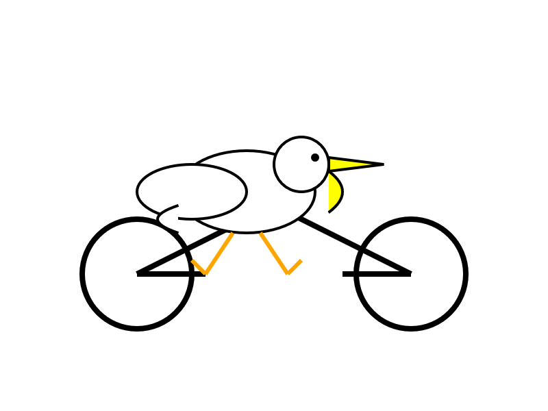 Described by Grok 4 Fast: Simple line drawing of a white bird with a long yellow beak riding a bicycle, pedaling with its orange legs.
