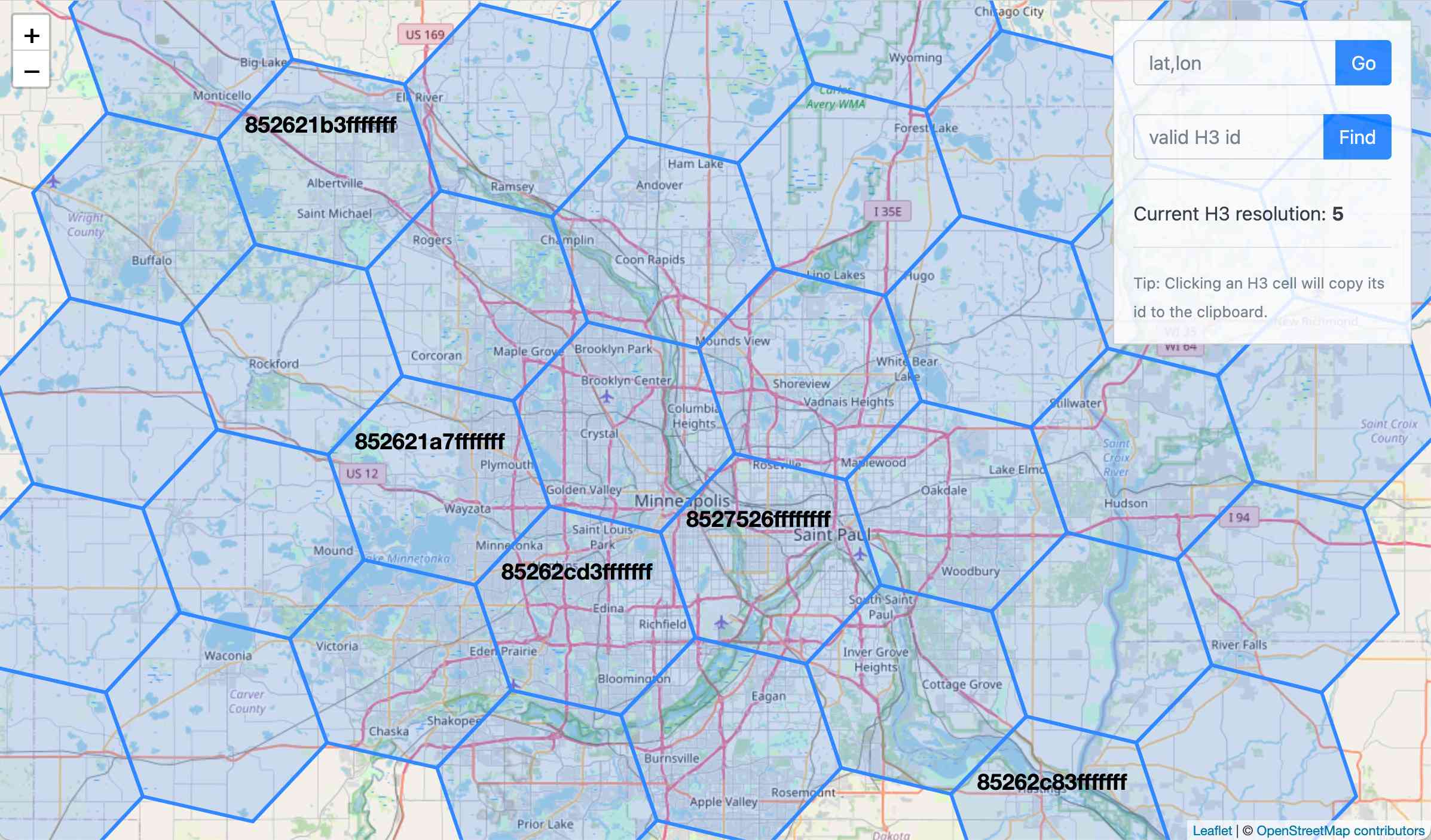 Map showing H3 geospatial index hexagons overlaid on the Minneapolis-Saint Paul metropolitan area. Various H3 cell IDs are displayed including "852621b3fffffff", "852621a7fffffff", "8527526fffffff", "85262cd3fffffff", and "85262c83fffffff". A sidebar shows input fields for "lat,lon" with a "Go" button and "valid H3 id" with a "Find" button. Text indicates "Current H3 resolution: 5" and "Tip: Clicking an H3 cell will copy its id to the clipboard." Map attribution shows "Leaflet | © OpenStreetMap contributors".