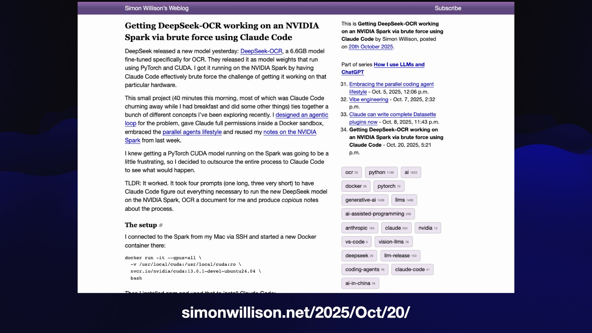 Screenshot of Simon Willison's weblog post: Getting DeepSeek-OCR working on an NVIDIA Spark via brute force using Claude Code