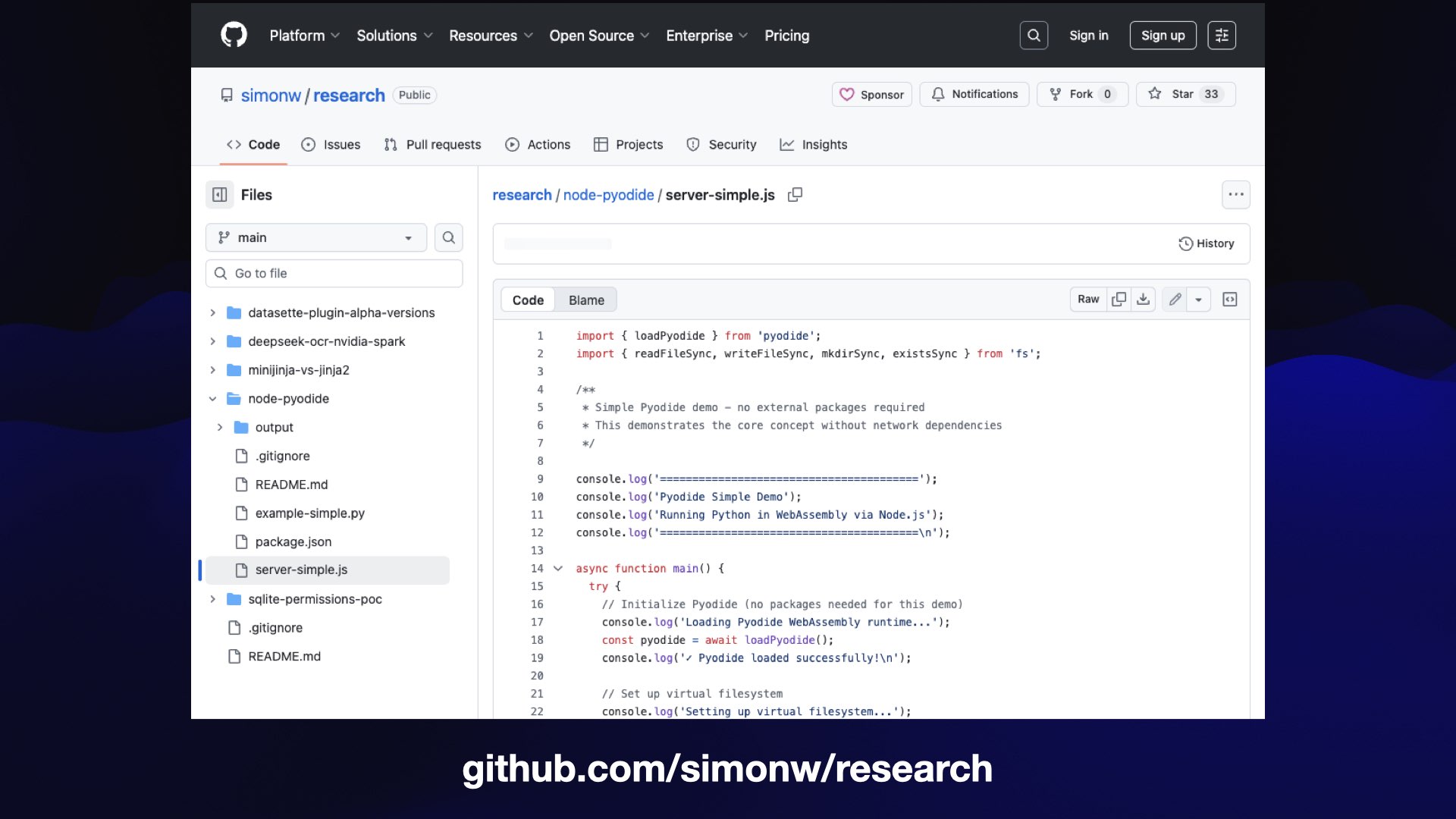 Screenshot of simonw/research GitHub repository node-pyodide/server-simple.js