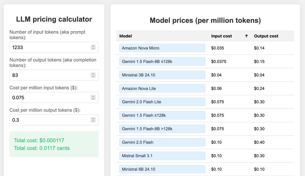 Screenshot of the llm-prices.com site - on the left is a calculator interface for entering number of input tokens, output tokens and price per million of each. On the right is a table of models and their prices, sorted cheapest first.