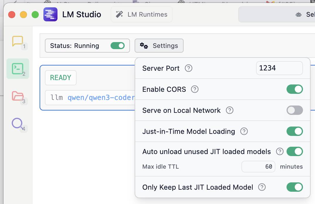 Screenshot of LM Studio application showing runtime settings. The status is "Running" with a toggle switch enabled. A settings dropdown is open with options including: "Server Port 1234", "Enable CORS" (enabled), "Serve on Local Network" (disabled)