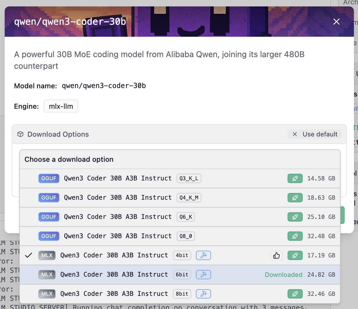 Screenshot of a model download menu for "qwen/qwen3-coder-30b," a 30B MoE coding model from Alibaba Qwen using the mlx-llm engine. The section "Download Options" shows different choices with file sizes. Options include: GGUF Qwen3 Coder 30B A3B Instruct Q3_K_L (14.58 GB), Q4_K_M (18.63 GB), Q6_K (25.10 GB), Q8_0 (32.48 GB). MLX versions are also available: 4bit (17.19 GB, selected), 6bit (24.82 GB, marked as Downloaded), 8bit (32.46 GB).