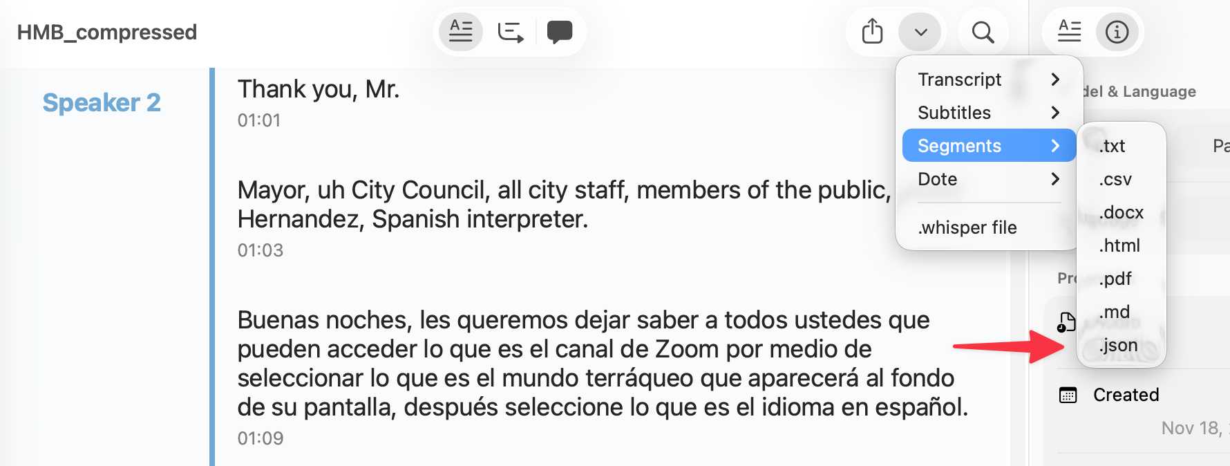 A close-up of the MacWhisper interface showing the export dropdown menu with "Segments" selected. A secondary menu lists various file formats including .txt, .csv, and .pdf, with a red arrow pointing specifically to the ".json" option, set against the background of the meeting transcript.