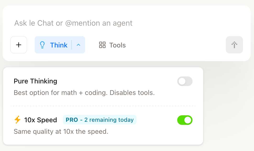 Screenshot of a chat interface showing settings options. At the top is a text input field that says "Ask le Chat or @mention an agent" with a plus button, lightbulb "Think" button with up arrow, grid "Tools" button, and settings icon. Below are two toggle options: "Pure Thinking" with description "Best option for math + coding. Disables tools." (toggle is off), and "10x Speed" with lightning bolt icon and "PRO - 2 remaining today" label, described as "Same quality at 10x the speed." (toggle is on and green).