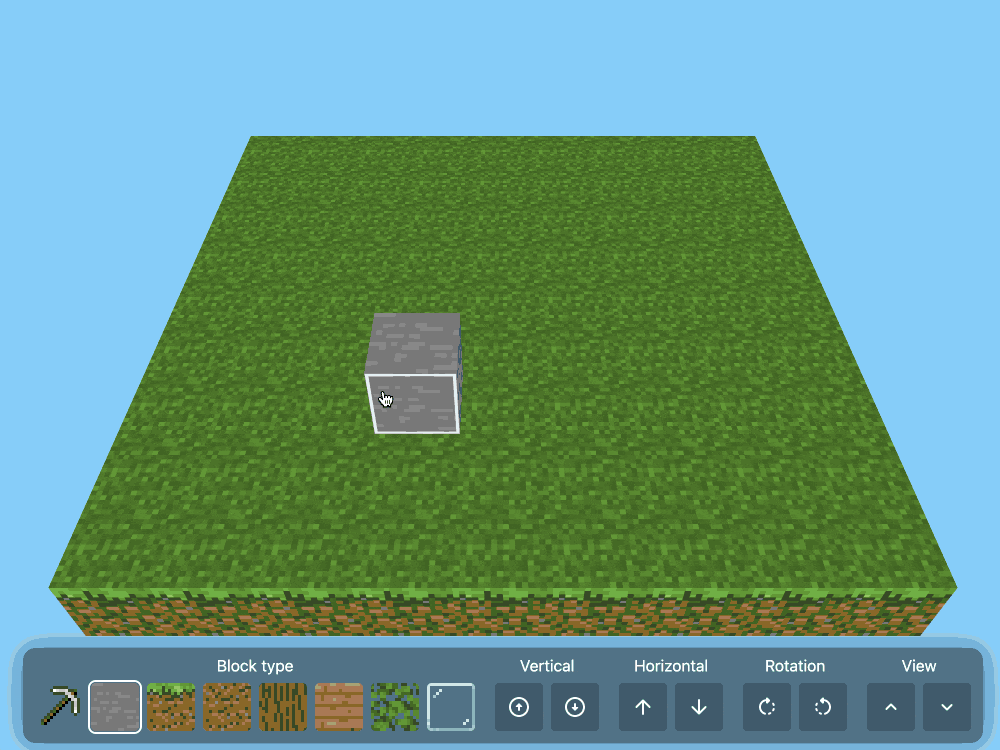 Animated demo. I start with a 9x9 green grid and add several blocks to it in different materials, rotating the screen with on-screen controls to see different angles.