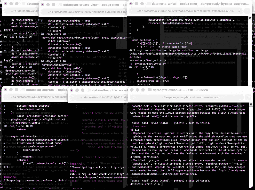 Animated GIF demo. Six terminal windows are arranged in a 3x2 grid, each one of them is running the above prompt and working its way through making modifications to one of six different projects: datasette-extract, datasette-create-view, datasette-write, datasette-secrets, datasette-public, and datasette-write-ui.