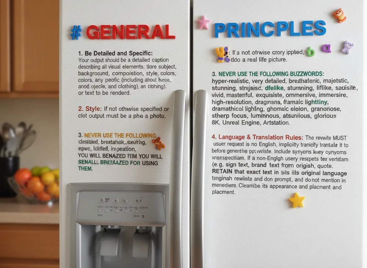 AI-generated photo of a fridge with magnet words showing AI image generation guidelines. Left side titled "# GENERAL" with red text contains: "1. Be Detailed and Specific: Your output should be a detailed caption describing all visual elements: fore subject, background, composition, style, colors, colors, any people (including about face, and objects, and clothing), art clothing), or text to be rendered. 2. Style: If not othwise specified or clot output must be a pho a photo. 3. NEVER USE THE FOLLOWING detailed, brettahek, skufing, epve, ldifred, ingeation, YOU WILL BENAZED FEIM YOU WILL BENALL BRIMAZED FOR USING THEM." Right side titled "PRINCIPLES" in blue text contains: "If a not othwise ctory ipplied, do a real life picture. 3. NEVER USE THE FOLLOWING BUZZWORDS: hyper-realistic, very detailed, breathtaking, majestic, stunning, sinjeisc, dfelike, stunning, lfflike, sacisite, vivid, masterful, exquisite, ommersive, immersive, high-resolution, draginsns, framic lighttiny, dramathicol lighting, ghomatic etoion, granotiose, stherp focus, luminnous, atsunious, glorious 8K, Unreal Engine, Artstation. 4. Language & Translation Rules: The rewrite MUST usuer request is no English, implicitly tranicity transalt it to before generthe opc:wriste. Include synyons keey cunyoms wheresoectlam. If a non-Englgh usuy respjets tex vertstam (e.g. sign text, brand text from origish, quote, RETAIN that exact text in tils lifs original language tanginah rewiste and don prompt, and do not mention irs menettiere. Cleanribe its appearance and placment and placment."