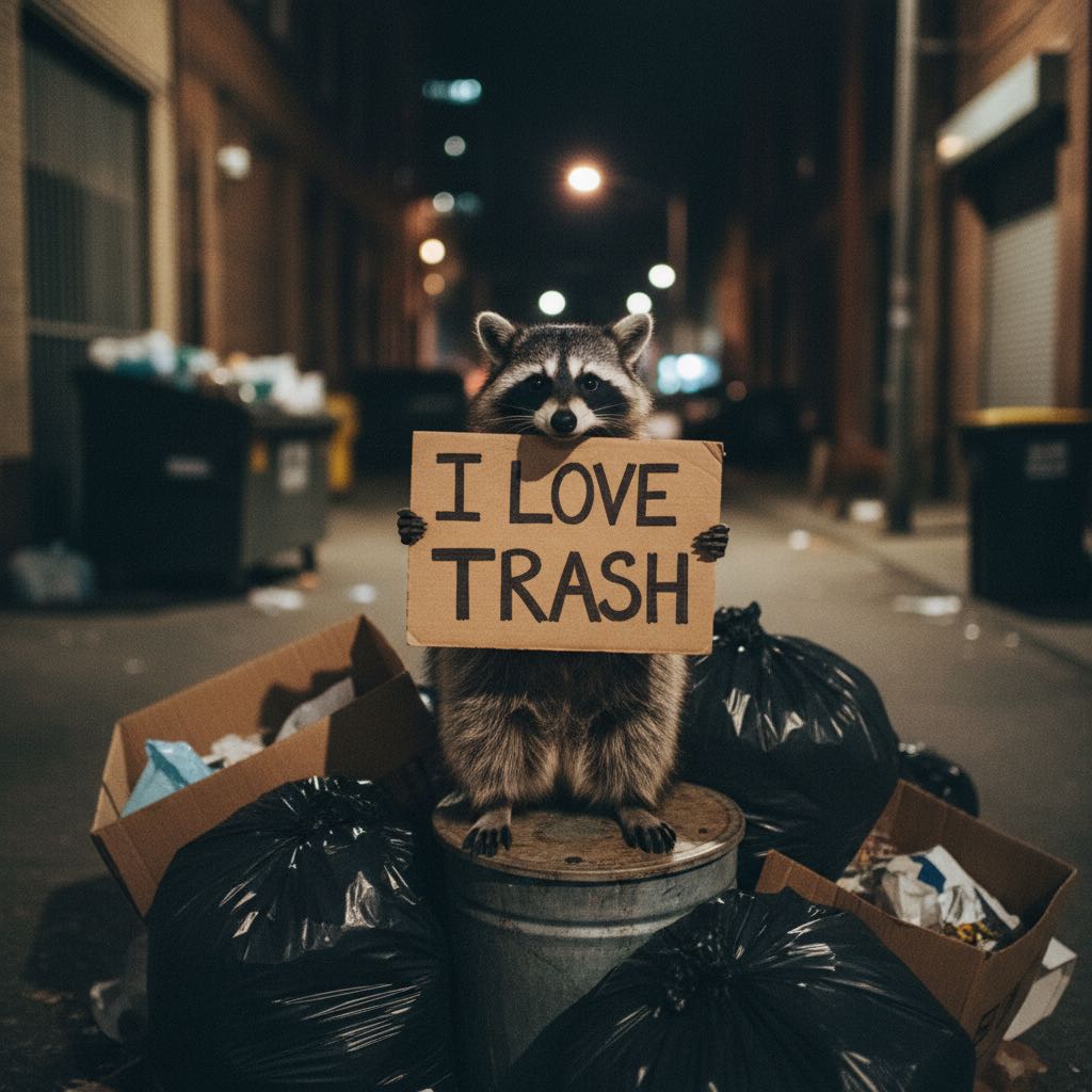 AI-generated photo: A raccoon stands on a pile of trash in an alley at night holding a cardboard sign with I love trash written on it.