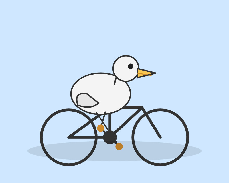 Description by o3-pro: The image is a playful, minimalist cartoon showing a white bird riding a bicycle. The bird has a simple oval body, a round head with a small black eye, and a yellow beak. Its orange feet are positioned on the bicycle’s pedals. The bicycle itself is drawn with thin black lines forming two large circular wheels and a straightforward frame. The scene has a light blue background with a soft gray oval shadow beneath the bicycle, giving the impression of ground. Overall, the illustration has a light, whimsical feel.