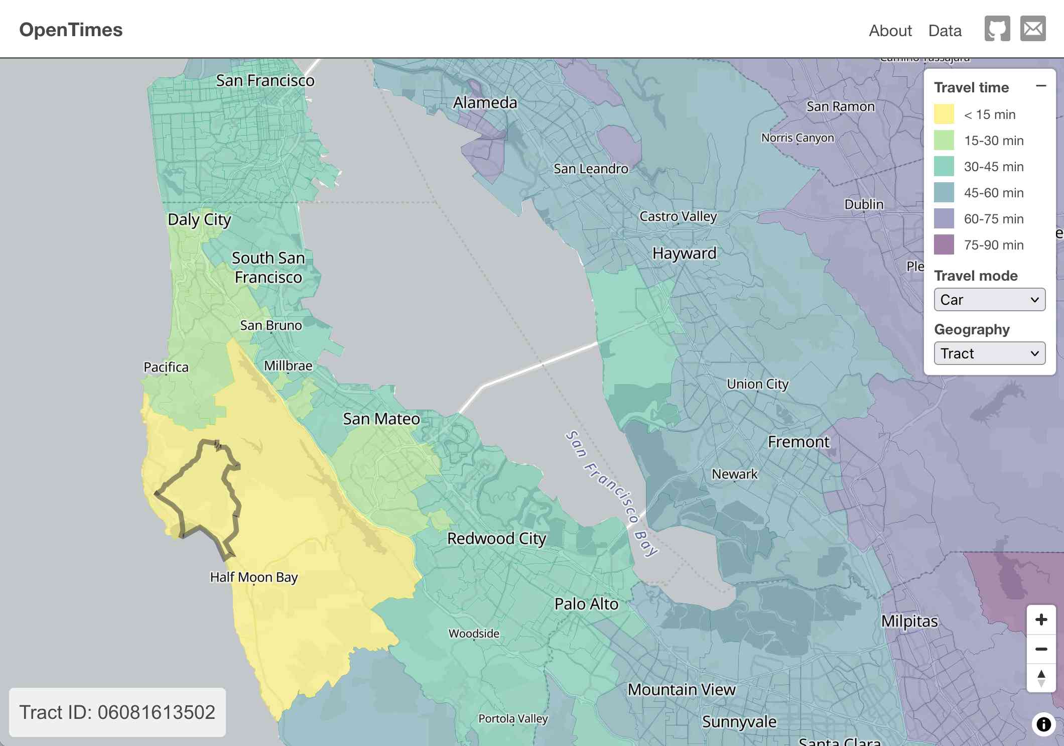 Isochrone map showing driving times from the El Granada census tract to other places in the San Francisco Bay Area