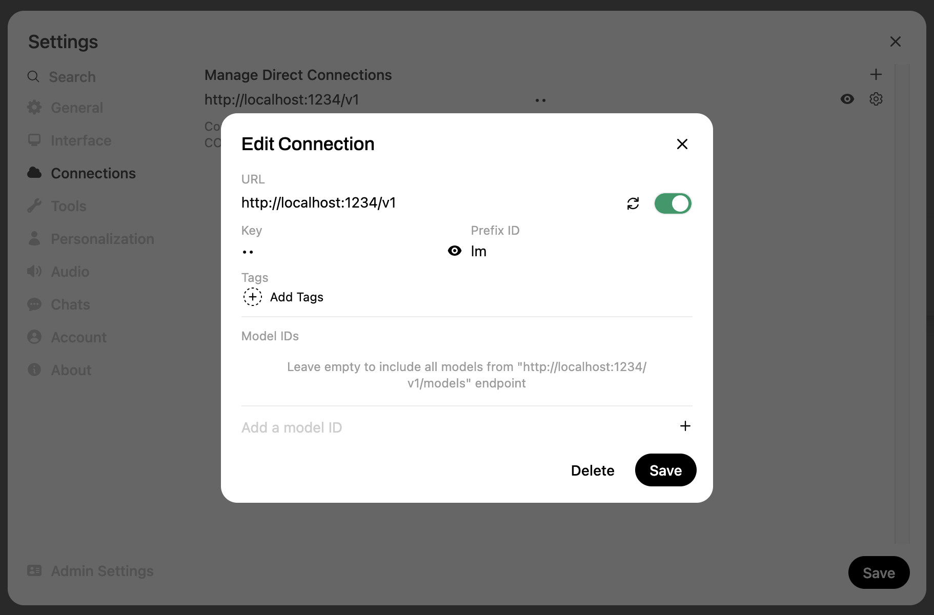 Screenshot of Open WebUI settings showing the Edit Connection window. URL is set to http://localhost:1234/v1 and Prefix ID is set to lm.