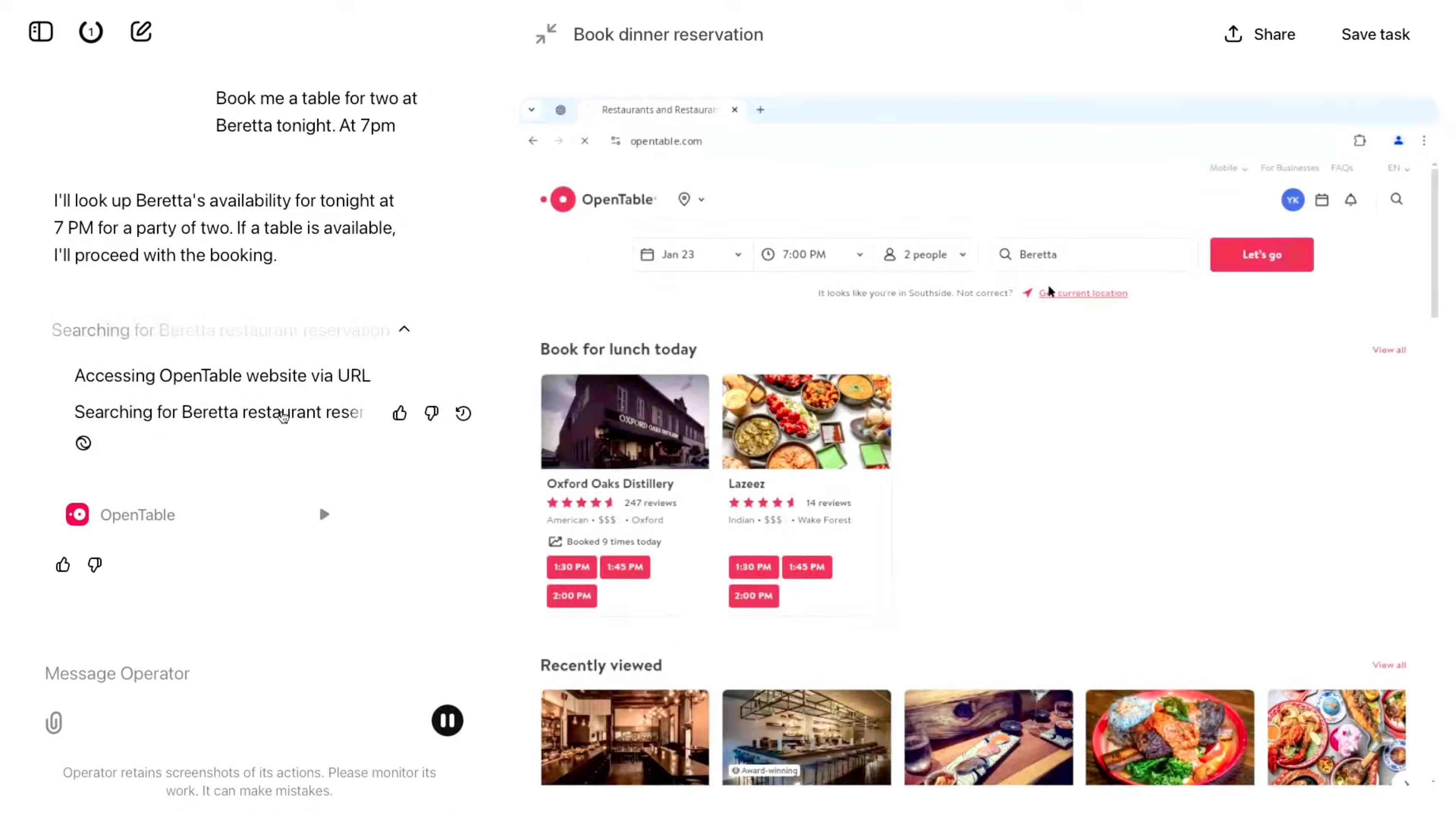 Screenshot of Operator. The user has asked the chat window to book a table at a restauraunt. The OpenTable website is visible on the right.