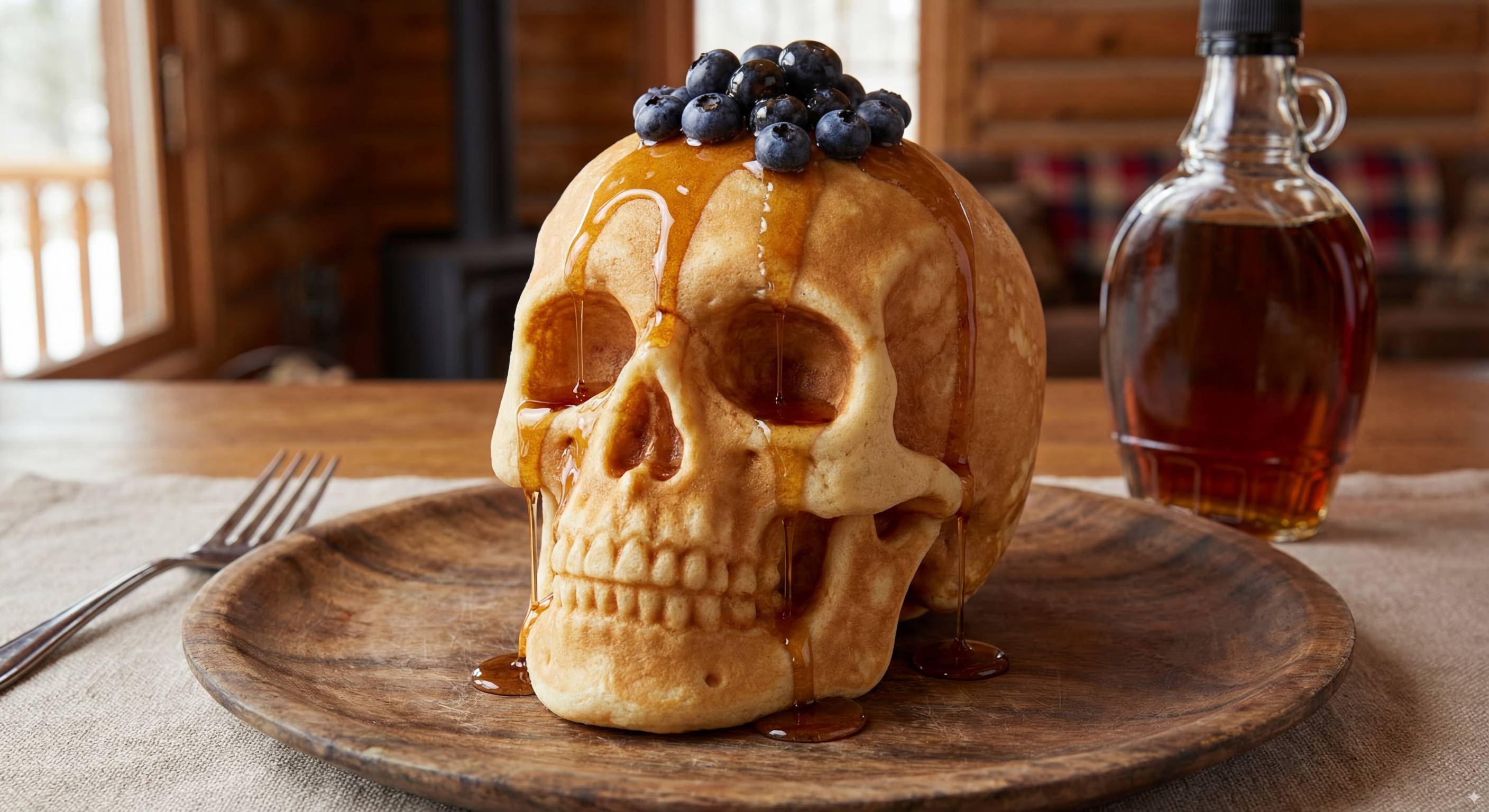 A very detailed quality photo of a skull made of pancake batter, blueberries on top, maple syrup dripping down, maple syrup bottle in the background.