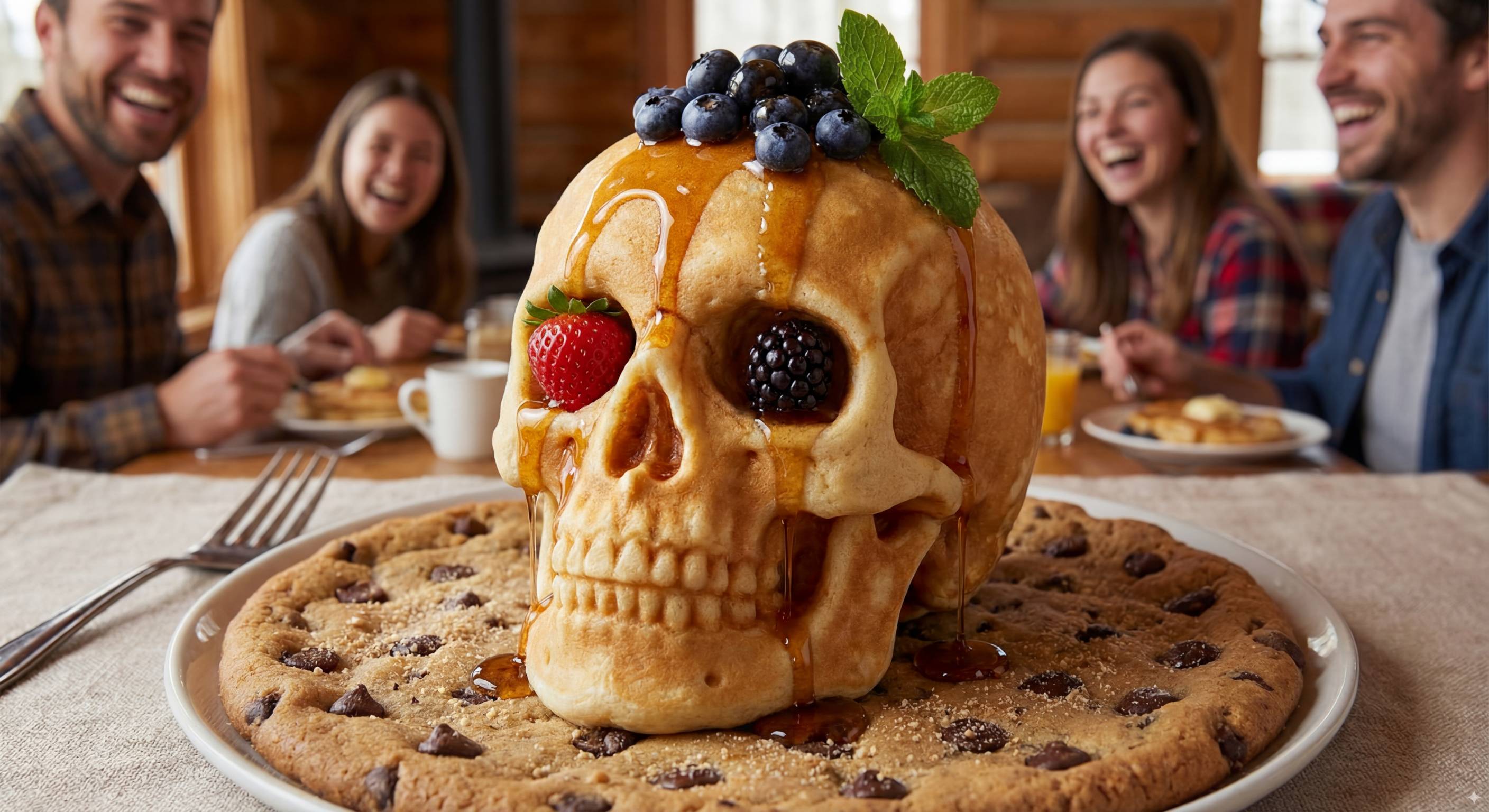 It's the exact same skull with the requested edits made - mint garnish on the blueberries, a strawberry in the left hand eye socket (from our perspective, technically the skull's right hand socket), a blackberry in the other, the plate is now a plate-sized chocolate chip cookie (admittedly on a regular plate) and there are four happy peo ple in the background.