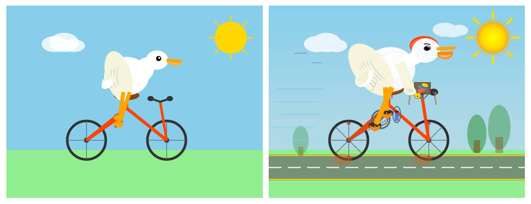 Left is a simple incorrectly shaped bicycle and a not great pelican. On the right the bicycle has more spokes, the background has more details, pedals are now visible, there's a water bottle and the pelican has a basket with some fish. It also has a slightly more clear lower beak and a red line on its head that looks a bit more like a chicken.