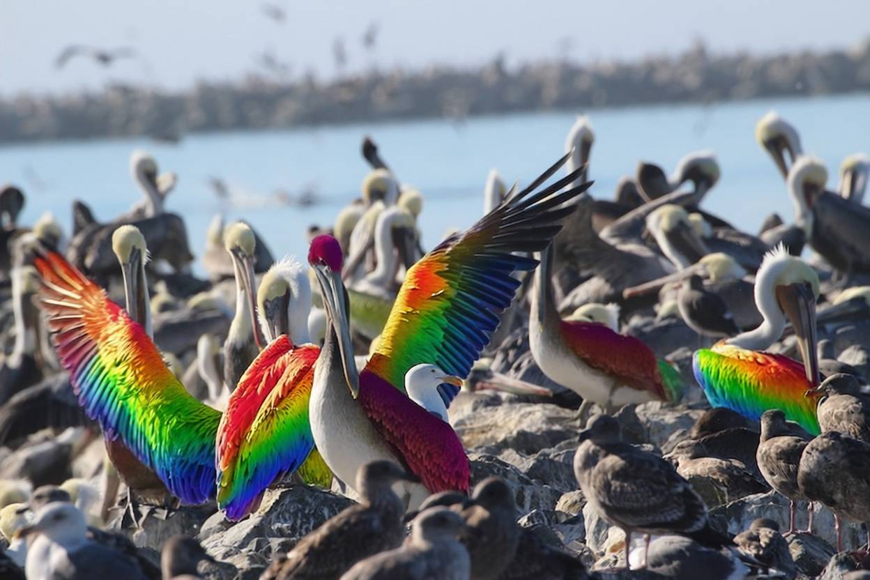 Again, photo-realistic pelicans with rainbow plumage. Very similar to the original photo but with more rainbow feathers.