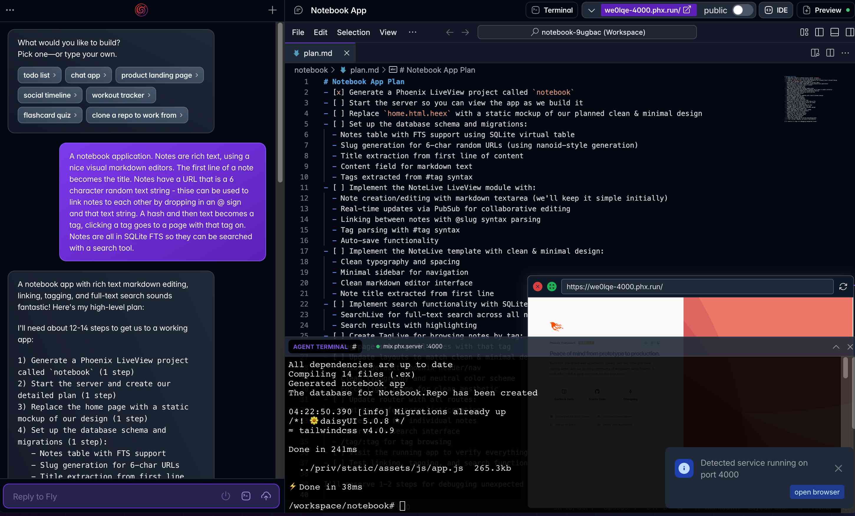 Browser IDE interface showing a notebook app development project with a left sidebar containing a chat session that starts "What would you like to build?" with options like "todo list", "chat app", "product landing page", then a main editor displaying plan.md file with detailed development steps including "Generate a Phoenix LiveView project called 'notebook'" and "Start the server so you can view the app as we build it". The bottom has a terminal showing "All dependencies are up to date", "Generated notebook app", "Done in 241ms".