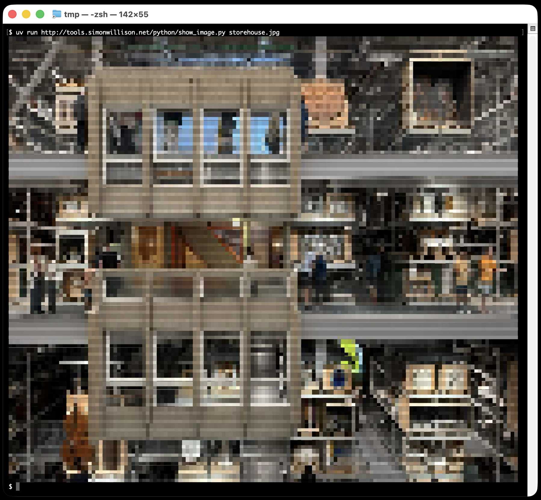 Terminal window. I ran that command and it spat out quite a pleasing and recognizable pixel art version of the photograph.