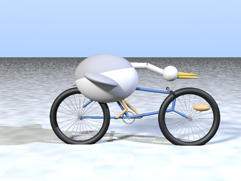The bike is a bit mis-shapen but has most of the right pieces. The pelican has legs that reach the pedals and is bending forward with a two-segmented neck and a good beak. A weird egg floats in the front wheel.
