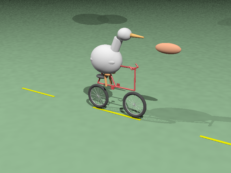 3D scene. The bicycle has a sort of square frame in the wrong place, but good wheels. The pelican is stood on top - a large white blob, a smaller white blob head, a cylinder neck and a conical beak in the right place, plus legs that reach out-of-place pedals. A egg floats mysteriously in front of the bird.