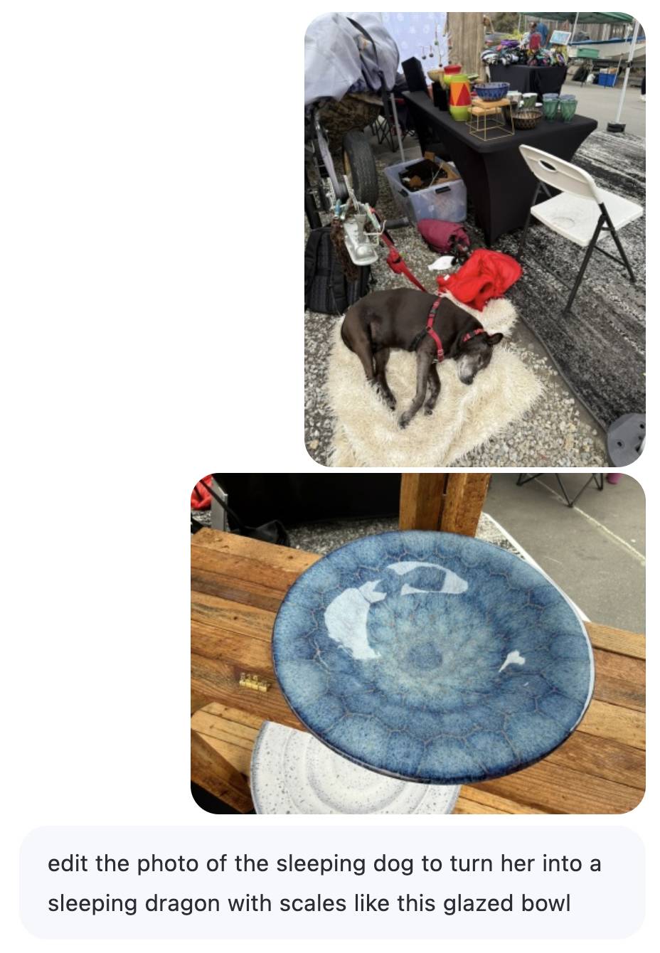 A photo of a dog asleep on a rug at the pottery stand. Another photo of a very attractive ceramic pot with turquoise glaze. The prompt: edit the photo of the sleeping dog to turn her into a sleeping dragon with scales like this glazed bowl
