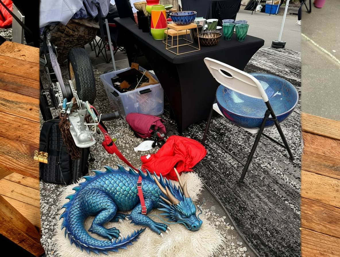 A photo of the back of a pottery stand at a local art fair. A blue dragon is asleep on a rug, wearing a dog harness, with striking turquoise scales.