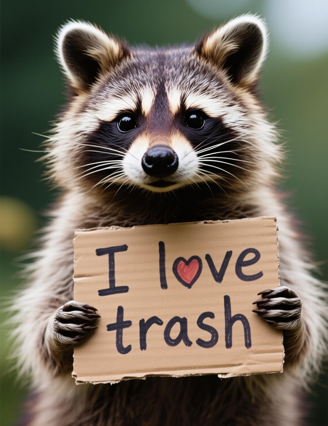 A great photo of a raccoon holding a cardboard sign, the text I love trash is written on it in marker, the raccoon has chosen to draw the o in love as a heart filled with red marker pen.