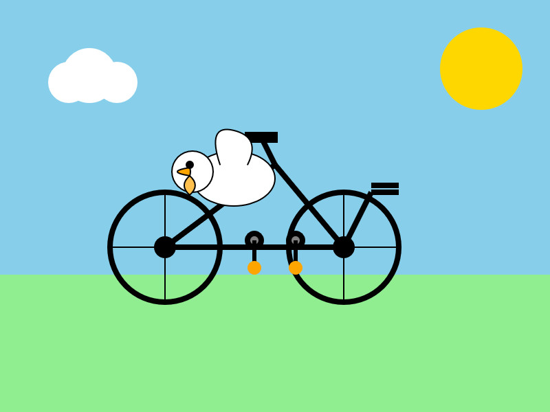 Description by Claude Sonnet 4: Cartoon illustration of a white duck sitting on a black bicycle against a blue sky with a white cloud, yellow sun, and green grass below