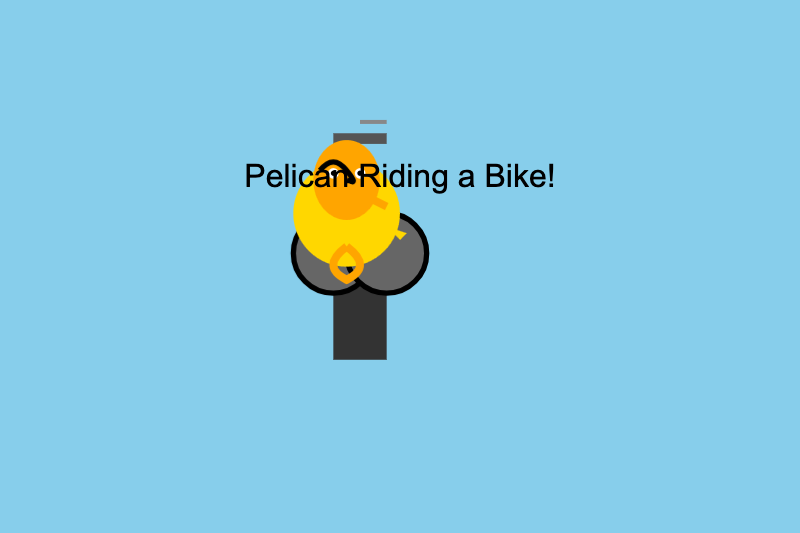 A bunch of shaps. Pelican Riding a Bike! transposed on top. The yellow and orange bits might be a pelican I guess. The bicycle has two wheels overlapping too close and a single bar in the wrong direction.
