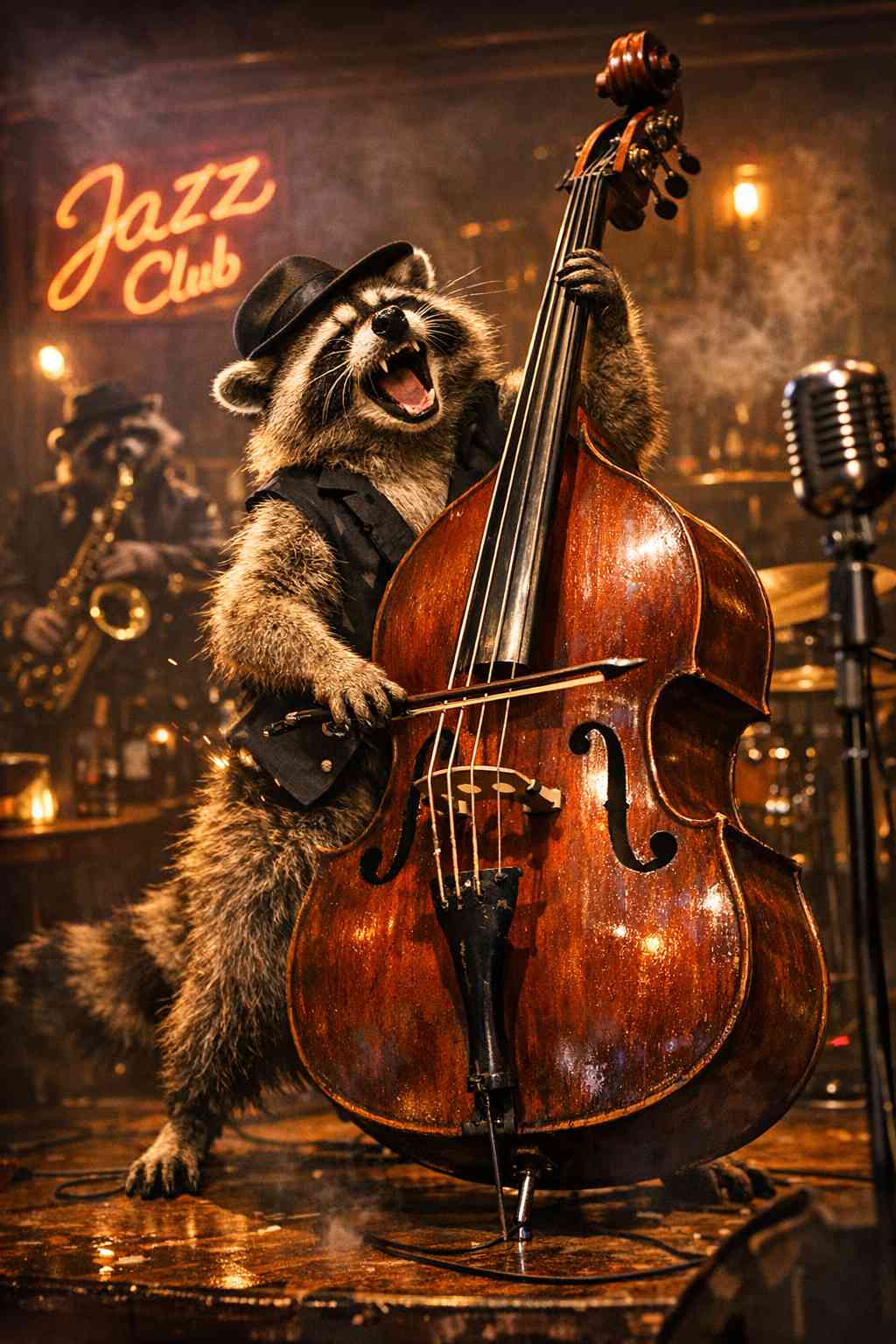 Digital artwork of a raccoon wearing a black fedora and vest, passionately playing an upright double bass on stage at a dimly lit jazz club. The raccoon's mouth is open as if singing. A vintage microphone stands to the right, another raccoon musician is visible in the background, and a neon sign reading "Jazz Club" glows in warm orange letters. The scene has a smoky, atmospheric quality with rich amber and brown tones.