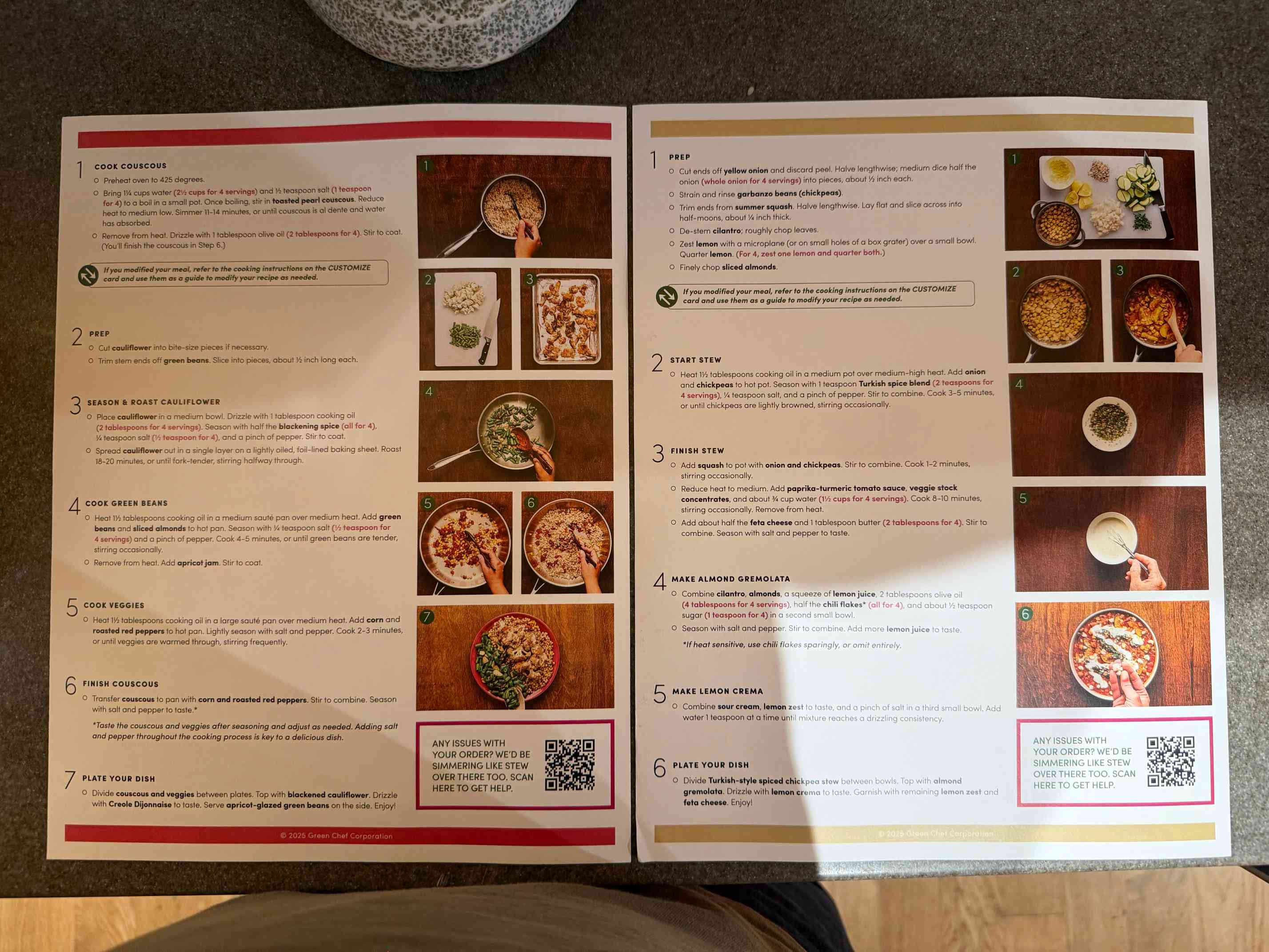 Two recipe cards placed next to each other on a kitchen counter. Each card has detailed instructions plus photographs of steps.