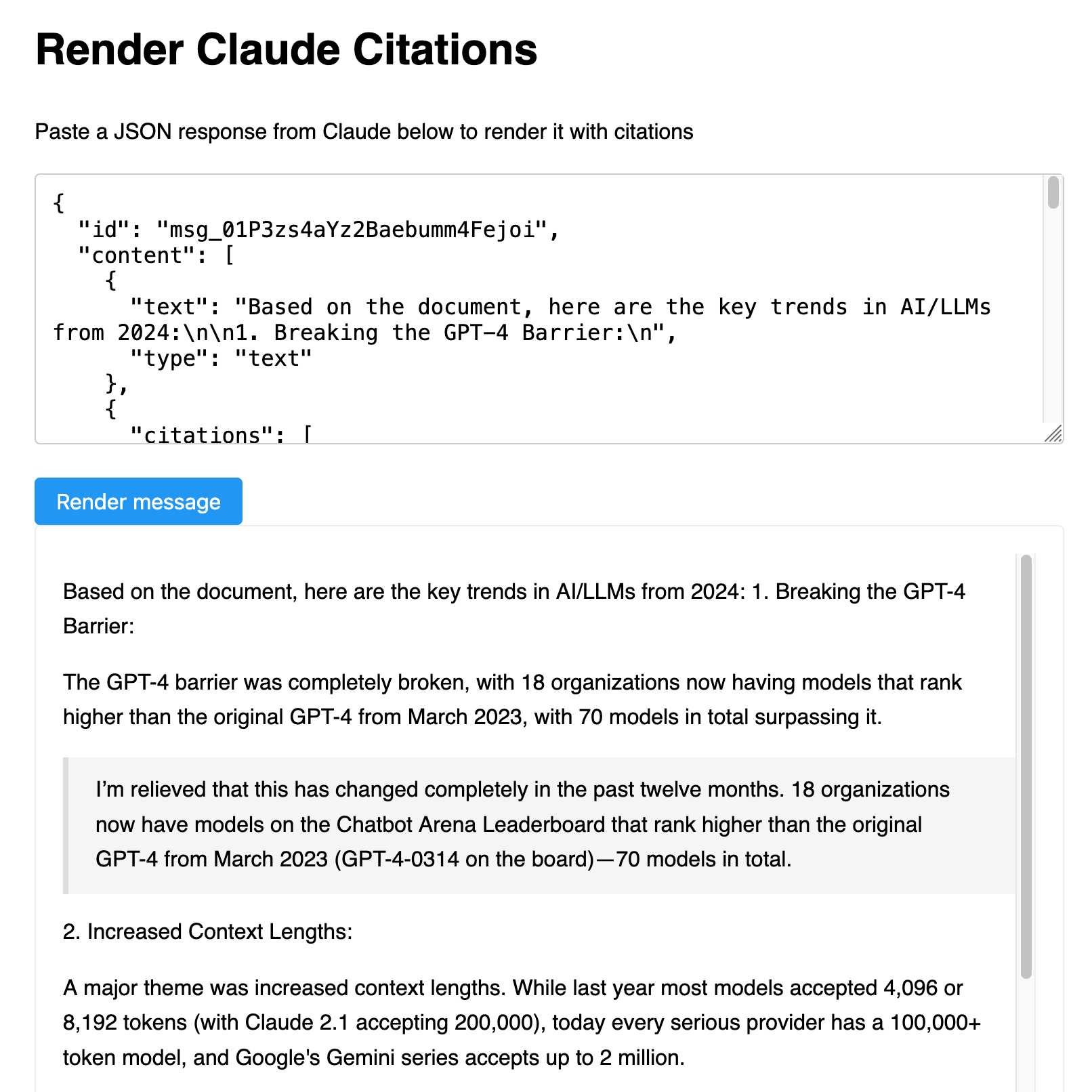 Render Claude Citations tool. Paste a JSON response from Claude below to render it with citations. JSON is shown, then a Render Message button, then an iframe containing the rendered text.