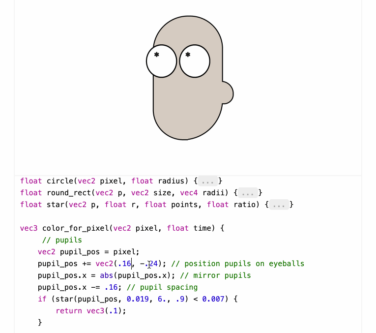 Animated demo - as I edit the shader code Rick's half-drawn eye pupils move from side to side live with my edits