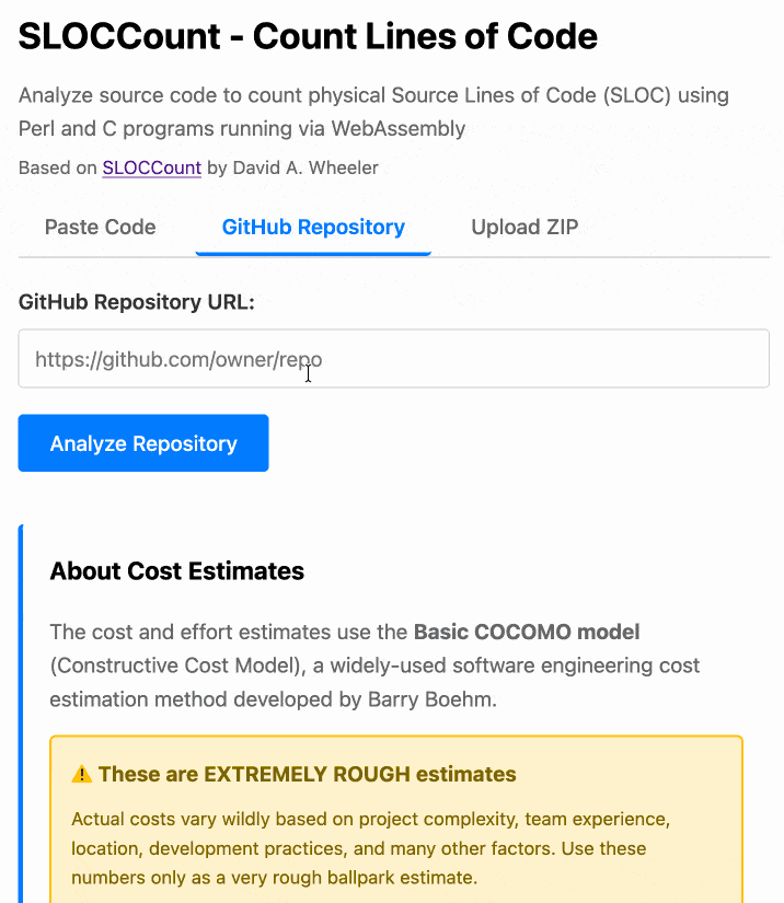 I enter simonw/llm in the GitHub repository field. It loads 41 files from GitHub and displays a report showing the number of lines and estimated cost.