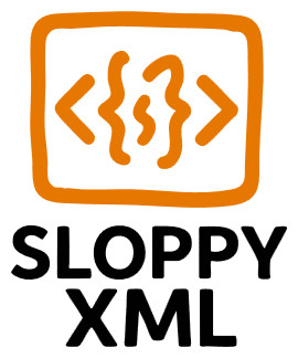 Hand drawn style, orange rough rectangly containing < { s } > - then the text Sloppy XML below in black
