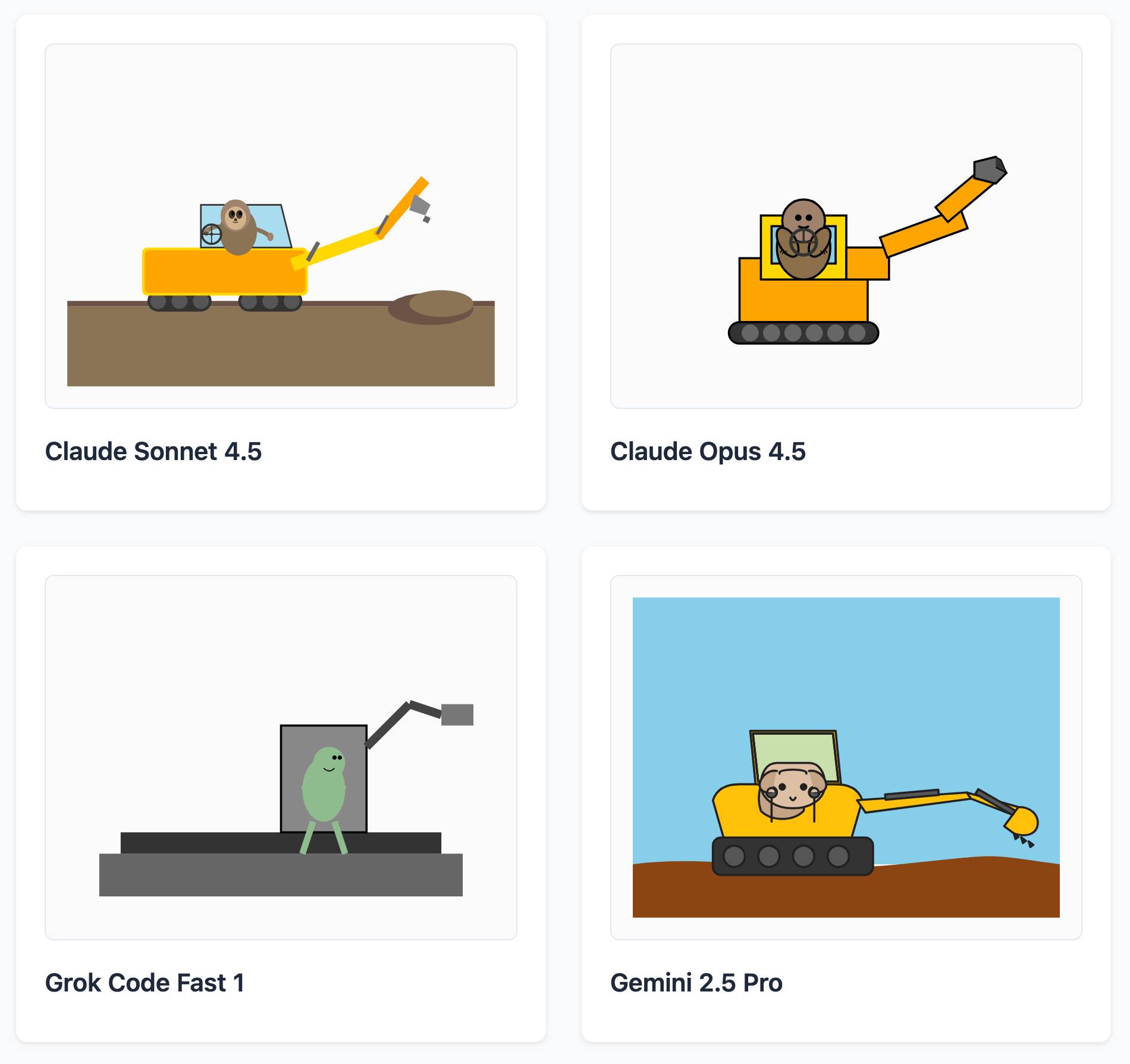 Claude Sonnet 4.5 drew the best excavator with a blobby sloth driving it. Claude Opus 4.5 did quite a blocky excavator with a sloth that isn't quite recognizable as a sloth. Grok Code Fast 1 drew a green alien standing on a set of grey blocks. Gemini 2.5 Pro did a good excavator with another blobby sloth.